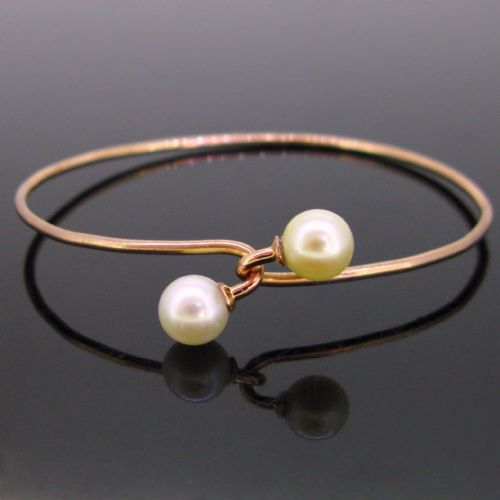 Antique Art Nouveau 2 Cultured Pearls Bangle Bracelet, 18kt Rose Gold, France, Circa 1910