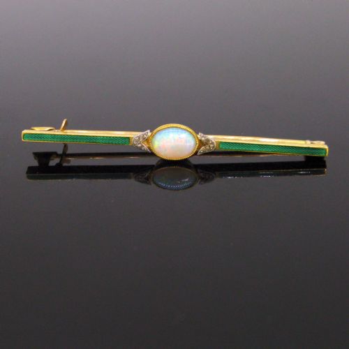 Antique Edwardian Opal Rose Cut Diamonds Enamel Bar Brooch, 18kt Yellow Gold and Platinum, Circa 1910
