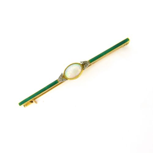fig 1. Antique Edwardian Opal Rose cut Diamonds Enamel Bar Brooch, 18kt yellow gold and platinum, circa 1910