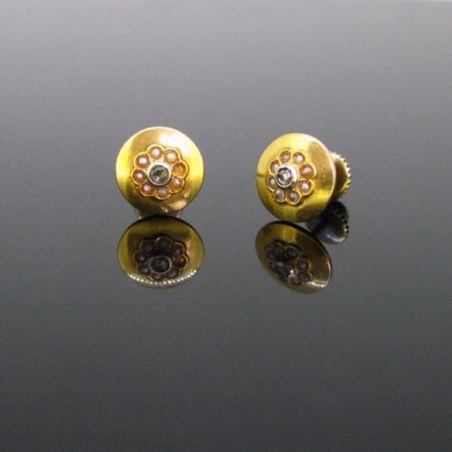Antique Rose Cut Diamonds Pearls Studs, 18kt Gold and Platinum, Circa 1910