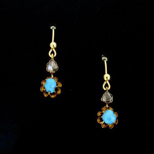 Antique Victorian Turquoises and Rose Cut Diamonds Earrings, 18kt Rose Gold, Circa 1880