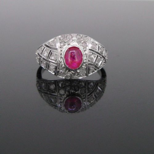 antique belle epoque ruby cabochon diamonds bombe ring platinum france circa 1910 - CATEGORY: ANTIQUE JEWELLERY - DATED EDWARDIAN