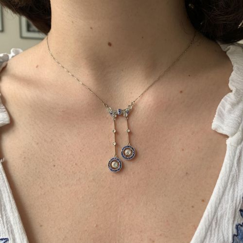 BELLE EPOQUE SAPPHIRES AND DIAMONDS NEGLIGE NECKLACE 18KT GOLD AND PLATINUM FRANCE CIRCA 1915 - ADDITIONAL PHOTO 4