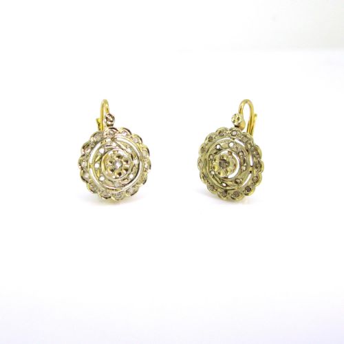 VINTAGE ROSE CUT DIAMONDS DORMEUSES EARRINGS 18KT YELLOW AND WHITE GOLD FRANCE CIRCA 1940 - ADDITIONAL PHOTO 2