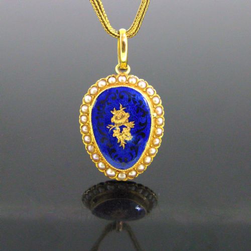 reserved antique victorian blue enamel pearls pansy remembrance locket pendant 18kt yellow gold circa 1880 - CATEGORY: ANTIQUE JEWELLERY - DATED VICTORIAN