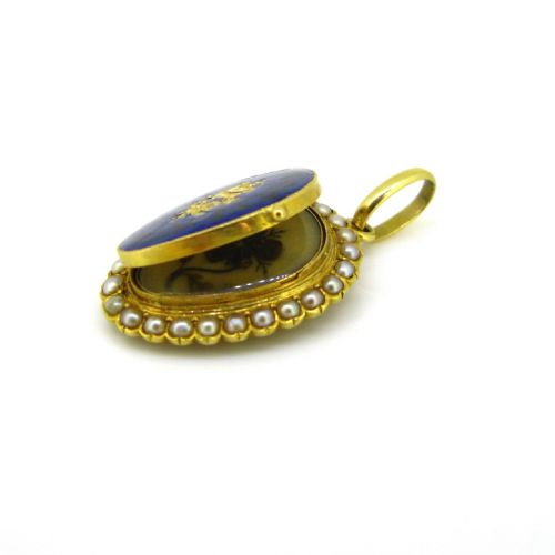 RESERVED ANTIQUE VICTORIAN BLUE ENAMEL PEARLS PANSY REMEMBRANCE LOCKET PENDANT 18KT YELLOW GOLD CIRCA 1880 - ADDITIONAL PHOTO 7
