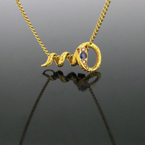antique victorian blue stone and pearls snake chain slider pendant 18kt yellow gold france circa 1880 - CATEGORY: ANTIQUE JEWELLERY - DATED 1880