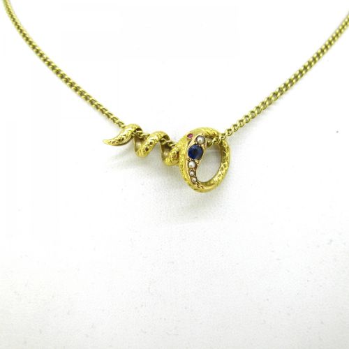 ANTIQUE VICTORIAN BLUE STONE AND PEARLS SNAKE CHAIN SLIDER PENDANT 18KT YELLOW GOLD FRANCE CIRCA 1880 - ADDITIONAL PHOTO 1