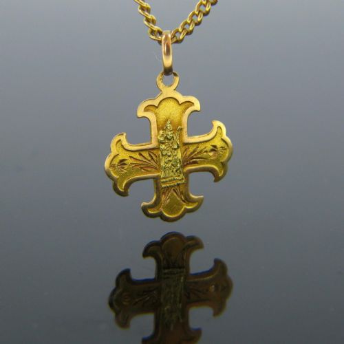 Antique Virgin Mary Medal / Laghet Cross Shape Medal, 18kt Gold, France Circa 1900
