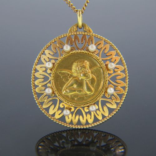 vintage cherub medal pendant 18kt yellow and rose gold france circa 1925 - CATEGORY: ANTIQUE JEWELLERY - DATED 1920