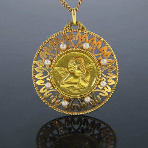 VINTAGE CHERUB MEDAL PENDANT 18KT YELLOW AND ROSE GOLD FRANCE CIRCA 1925 - ADDITIONAL PHOTO 2