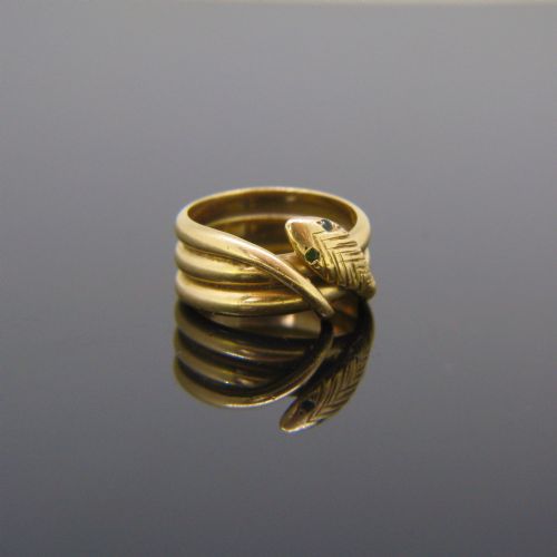 ANTIQUE GREEN STONES SNAKE RING 18KT YELLOW GOLD CIRCA 1905 - ADDITIONAL PHOTO 4