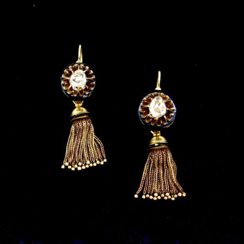 antique victorian rose cut diamonds onyx tassels dormeuses earrings 18kt yellow gold and enamel circa 1880 france - CATEGORY: ANTIQUE JEWELLERY - DATED VICTORIAN