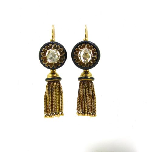 ANTIQUE VICTORIAN ROSE CUT DIAMONDS ONYX TASSELS DORMEUSES EARRINGS 18KT YELLOW GOLD AND ENAMEL CIRCA 1880 FRANCE - ADDITIONAL PHOTO 1
