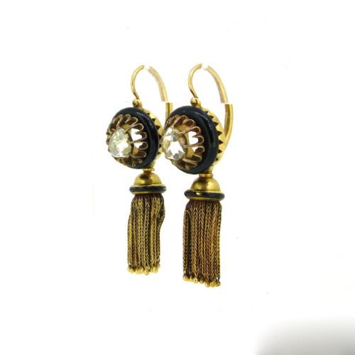 ANTIQUE VICTORIAN ROSE CUT DIAMONDS ONYX TASSELS DORMEUSES EARRINGS 18KT YELLOW GOLD AND ENAMEL CIRCA 1880 FRANCE - ADDITIONAL PHOTO 3