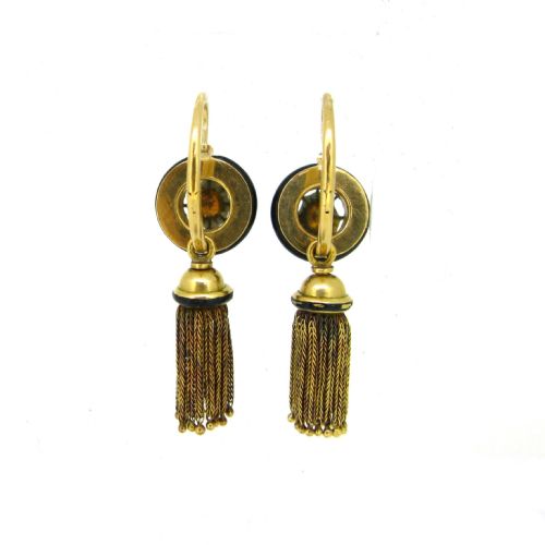 ANTIQUE VICTORIAN ROSE CUT DIAMONDS ONYX TASSELS DORMEUSES EARRINGS 18KT YELLOW GOLD AND ENAMEL CIRCA 1880 FRANCE - ADDITIONAL PHOTO 4
