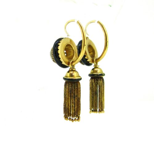 ANTIQUE VICTORIAN ROSE CUT DIAMONDS ONYX TASSELS DORMEUSES EARRINGS 18KT YELLOW GOLD AND ENAMEL CIRCA 1880 FRANCE - ADDITIONAL PHOTO 5