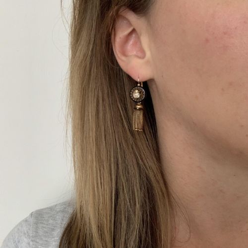 ANTIQUE VICTORIAN ROSE CUT DIAMONDS ONYX TASSELS DORMEUSES EARRINGS 18KT YELLOW GOLD AND ENAMEL CIRCA 1880 FRANCE - ADDITIONAL PHOTO 7