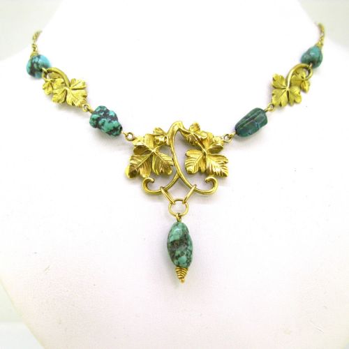 ANTIQUE ART NOUVEAU TURQUOISES NECKLACE BY GRANGE 18KT YELLOW GOLD FRANCE CIRCA 1910 - ADDITIONAL PHOTO 1