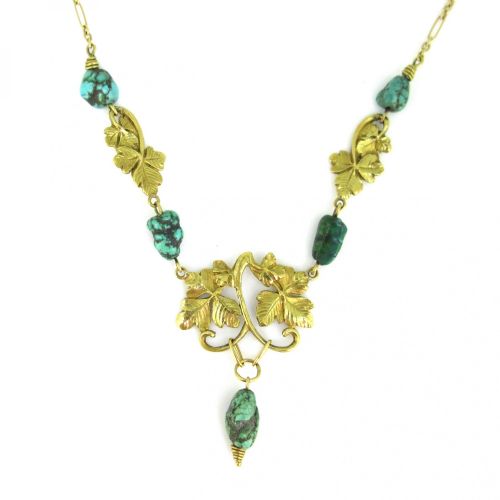 ANTIQUE ART NOUVEAU TURQUOISES NECKLACE BY GRANGE 18KT YELLOW GOLD FRANCE CIRCA 1910 - ADDITIONAL PHOTO 2