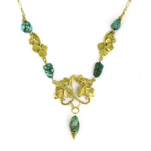 ANTIQUE ART NOUVEAU TURQUOISES NECKLACE BY GRANGE 18KT YELLOW GOLD FRANCE CIRCA 1910 - ADDITIONAL PHOTO 3