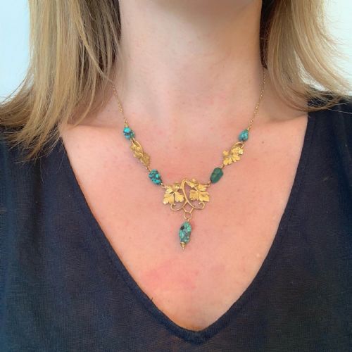 ANTIQUE ART NOUVEAU TURQUOISES NECKLACE BY GRANGE 18KT YELLOW GOLD FRANCE CIRCA 1910 - ADDITIONAL PHOTO 6