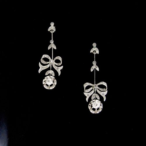 antique belle epoque bow garland ribbons diamonds earrings platinum france - CATEGORY: ANTIQUE JEWELLERY - DATED EDWARDIAN