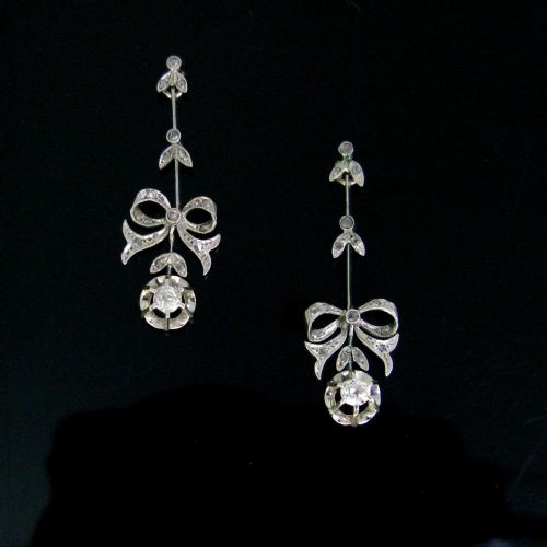 ANTIQUE BELLE EPOQUE BOW GARLAND RIBBONS DIAMONDS EARRINGS PLATINUM FRANCE - ADDITIONAL PHOTO 1