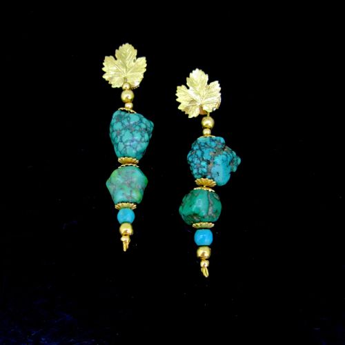 ANTIQUE ART NOUVEAU TURQUOISES VINE LEAVES EARRINGS 18KT YELLOW GOLD CIRCA 1900 - ADDITIONAL PHOTO 1