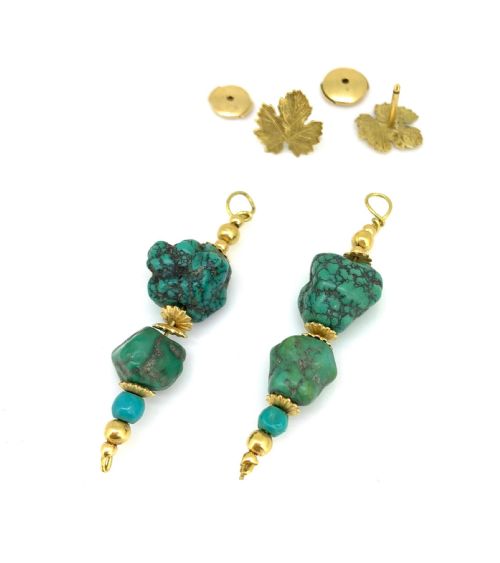 ANTIQUE ART NOUVEAU TURQUOISES VINE LEAVES EARRINGS 18KT YELLOW GOLD CIRCA 1900 - ADDITIONAL PHOTO 2