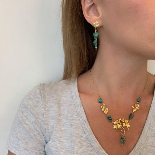 ANTIQUE ART NOUVEAU TURQUOISES VINE LEAVES EARRINGS 18KT YELLOW GOLD CIRCA 1900 - ADDITIONAL PHOTO 4
