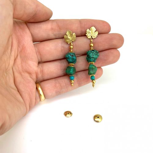 ANTIQUE ART NOUVEAU TURQUOISES VINE LEAVES EARRINGS 18KT YELLOW GOLD CIRCA 1900 - ADDITIONAL PHOTO 5