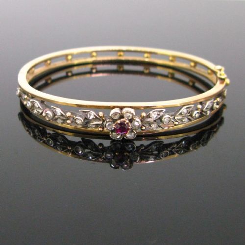 antique victorian ruby and rose cut diamonds bangle by chauvet 18kt rose gold and silver france circa 1880 - CATEGORY: ANTIQUE JEWELLERY - DATED VICTORIAN