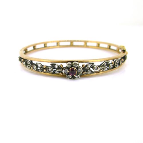 ANTIQUE VICTORIAN RUBY AND ROSE CUT DIAMONDS BANGLE BY CHAUVET 18KT ROSE GOLD AND SILVER FRANCE CIRCA 1880 - ADDITIONAL PHOTO 5