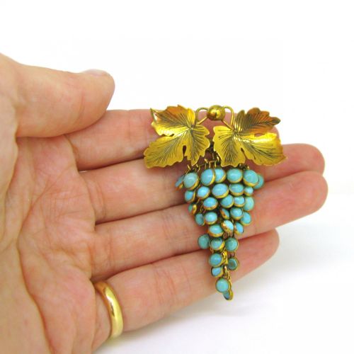 ANTIQUE VICTORIAN TURQUOISES GRAPES BROOCH 9KT YELLOW GOLD CIRCA 1880 - ADDITIONAL PHOTO 5