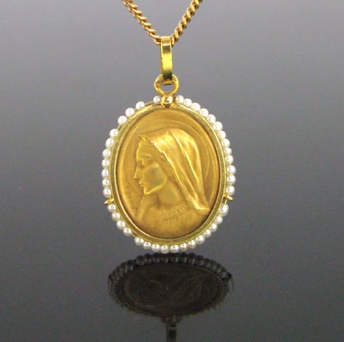 antique art nouveau pearl religious medal by dropsy france circa 1900 - CATEGORY: ANTIQUE JEWELLERY - DATED 1900
