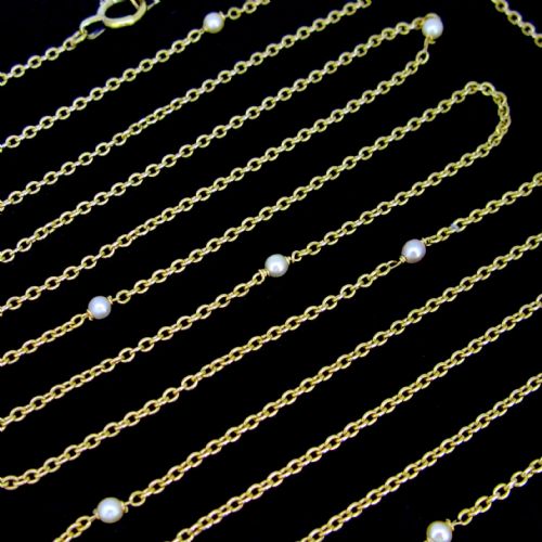 antique victorian pearl long guard chain 68in 18kt yellow gold france circa 1880 - CATEGORY: ANTIQUE JEWELLERY - DATED VICTORIAN