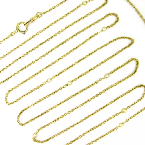 ANTIQUE VICTORIAN PEARL LONG GUARD CHAIN 68IN 18KT YELLOW GOLD FRANCE CIRCA 1880 - ADDITIONAL PHOTO 2
