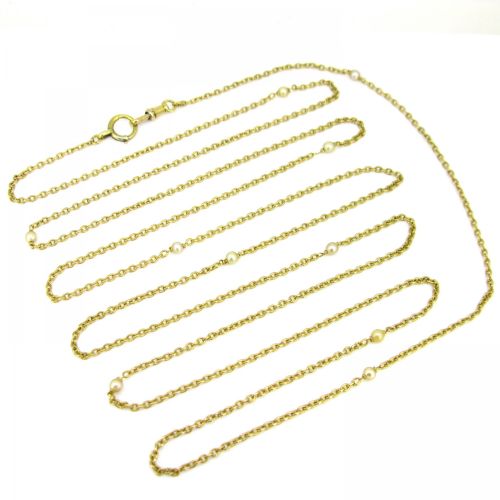 ANTIQUE VICTORIAN PEARL LONG GUARD CHAIN 68IN 18KT YELLOW GOLD FRANCE CIRCA 1880 - ADDITIONAL PHOTO 3