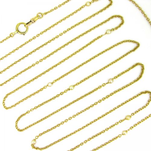 ANTIQUE VICTORIAN PEARL LONG GUARD CHAIN 68IN 18KT YELLOW GOLD FRANCE CIRCA 1880 - ADDITIONAL PHOTO 4