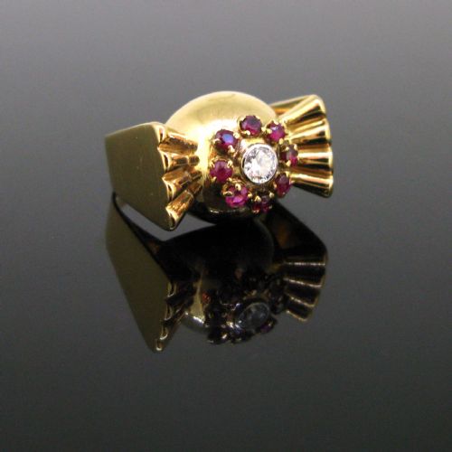 retro tank diamond ruby ring 18kt gold and platinum france circa 1940 - CATEGORY: ANTIQUE JEWELLERY - DATED 1940
