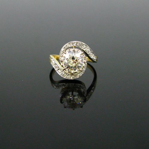 Antique Belle Epoque 2.20ct Diamond Tourbillon Ring, 18kt Gold and Platinum, Circa 1915