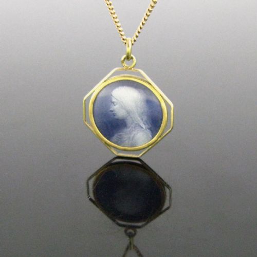 octagonal blue enamel religious medal by catel france circa 1930 - CATEGORY: ANTIQUE JEWELLERY - DATED 1930