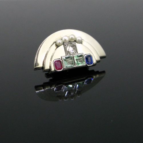 art deco emerald ruby sapphire and pearl clip brooch 18kt gold and platinum circa 1925 - CATEGORY: ANTIQUE JEWELLERY - DATED 1920
