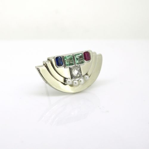 ART DECO EMERALD RUBY SAPPHIRE AND PEARL CLIP BROOCH 18KT GOLD AND PLATINUM CIRCA 1925 - ADDITIONAL PHOTO 1