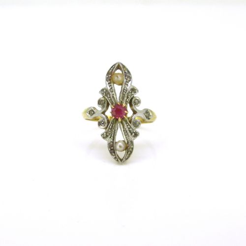 ANTIQUE RUBY PEARLS AND DIAMONDS MARQUISE RING 18KT GOLD AND PLATINUM CIRCA 1910 - ADDITIONAL PHOTO 1