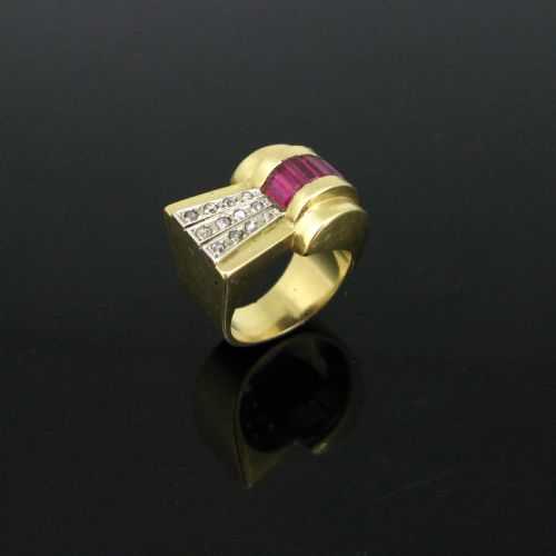 retro french tank ring 18kt yellow gold and platinum france circa 1940 - CATEGORY: ANTIQUE JEWELLERY - DATED 1940