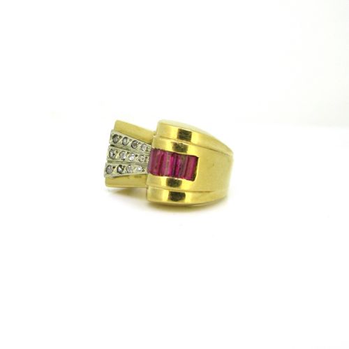 RETRO FRENCH TANK RING 18KT YELLOW GOLD AND PLATINUM FRANCE CIRCA 1940 - ADDITIONAL PHOTO 4