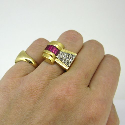 RETRO FRENCH TANK RING 18KT YELLOW GOLD AND PLATINUM FRANCE CIRCA 1940 - ADDITIONAL PHOTO 6