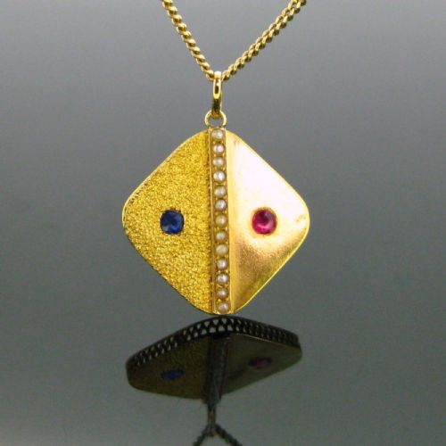 antique victorian sapphire ruby and pearls pendant 18kt yellow gold circa 1880 - CATEGORY: ANTIQUE JEWELLERY - DATED VICTORIAN